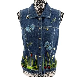 Vintage Susan Bristol Denim Knit Vest Butterfly Bee Ladybug Nature Embroidery